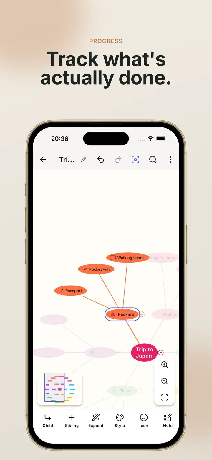 A trip map with ticked tasks and a progress bar